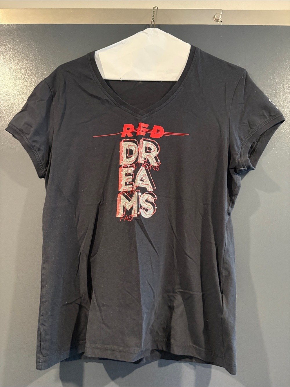 Women's Black V-Neck Graphic Tee with Red 'Dreams' Print